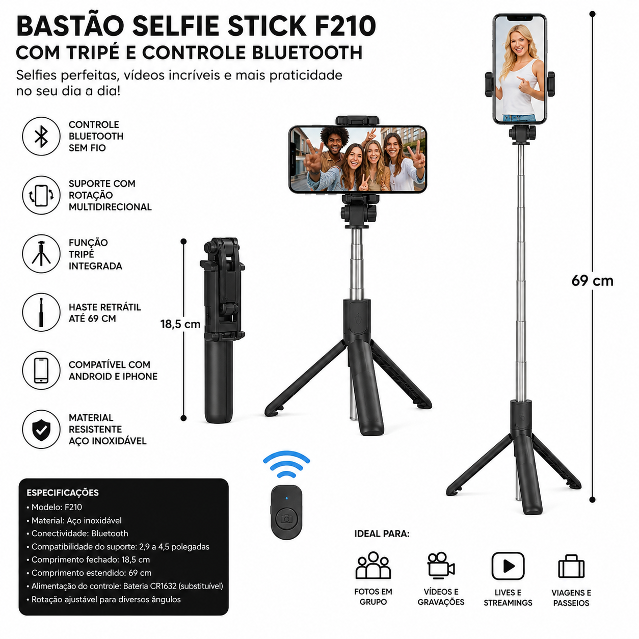 Bastão Selfie Stick F210 com Tripé e Controle Bluetooth